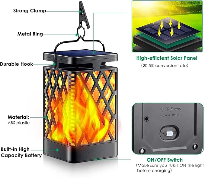 TomCare Solar Lights Outdoor Flickering Flame Solar Lantern Outdoor Waterproof Hanging Lanterns Decorative Lighting LED Flame Lights for Patio Garden, Black 4 Pack