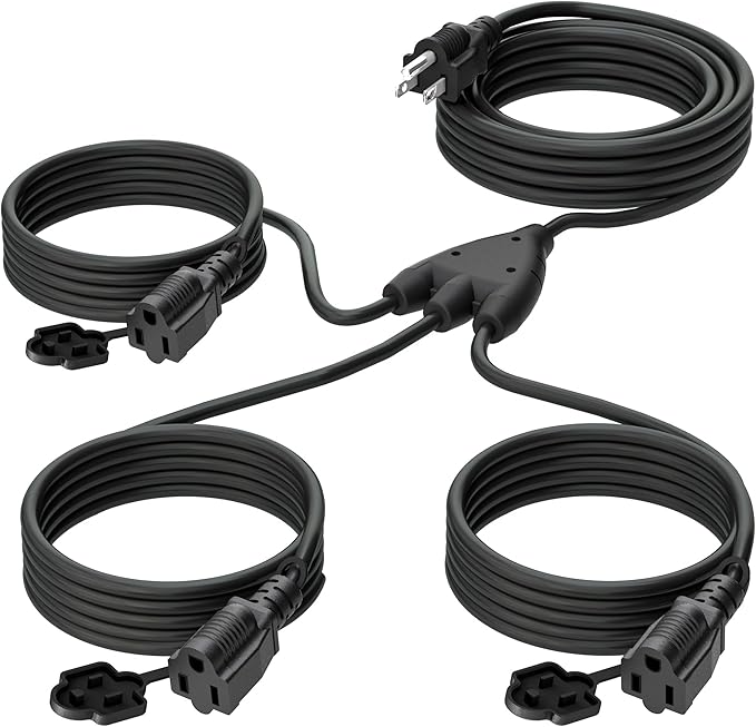 Eversimpleinc Black 1 to 3 Splitter Extension Cord (Combined 25 FT, End to End 13 FT), 3 Prong Plug with 3 Extended Outlets, with Weatherproof Covers for Indoor and Outdoor,16AWG/3C SJTW, ETL Listed