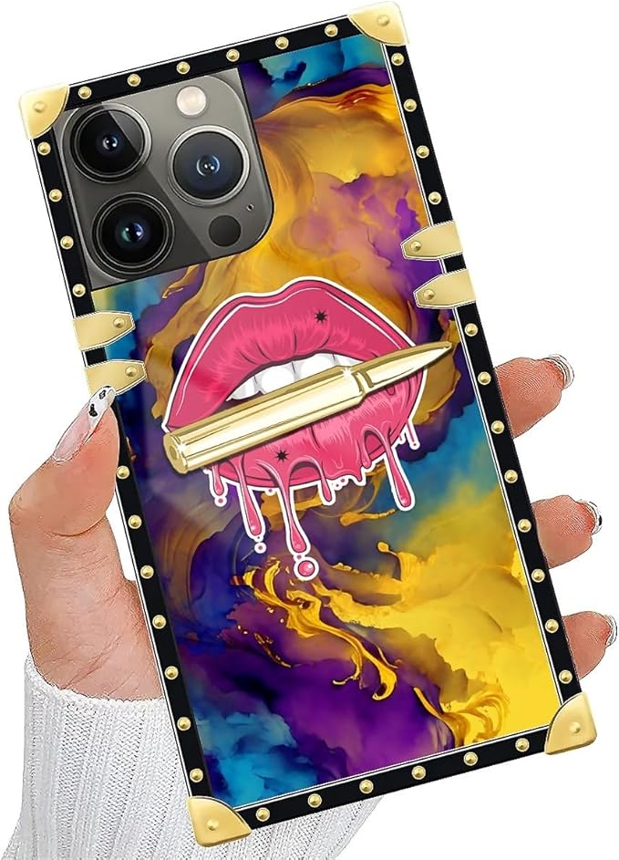 Compatible with iPhone 15 Pro Max Case, Cool Corlorful Lip Marble Luxury Golden Decoration for Girl Women Soft TPU Shockproof Protective Hard PC Back for iPhone 15 Pro Max