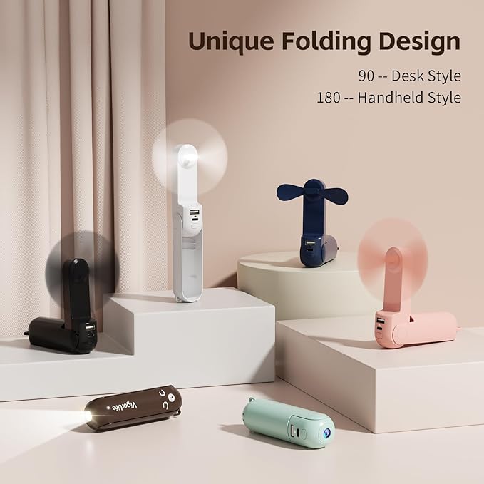 Mini Handheld Fan,USB Rechargeable 3 IN 1 Personal Cooler Fans with Power Bank,LED Flashlight,Small Foldable Pocket Portable Cooling Fan-Travel & Emergency Essentials for Outdoor,Pink