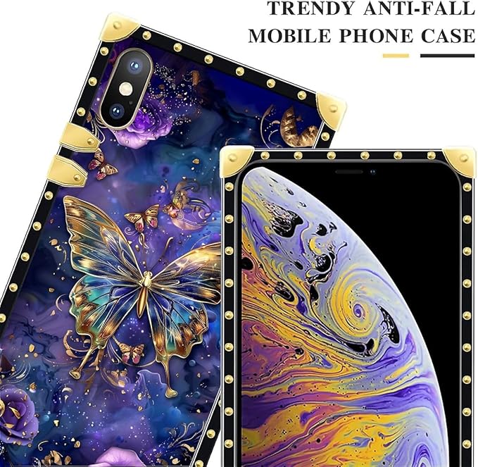 Compatible with iPhone XR Case, Glistening Golden Butterfly Vibrant Purple Blue Luxury Golden Decoration for Girl Women Soft TPU Shockproof Protective Hard PC Back for iPhone XR