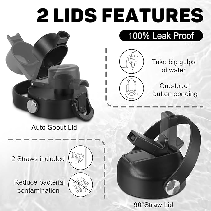 40oz Black Water Bottle Stainless Steel, Keep Cold 24H&Hot 12H, Water Bottle with Straw&Spout Lids, Insulated Water Bottle Double Wall Vacuum, Fit in Any Car Cup Holder, Leak-proof BPA Free