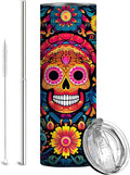 Firmiso 20 oz Tumbler｜Skinny Insulated Travel Mug｜Sugar Skull Floral Stainless Steel Cup with Leak Proof Lid and Telescopic Straw｜Colorful Gothic Boho Drinkware｜Gift Idea for Women Men