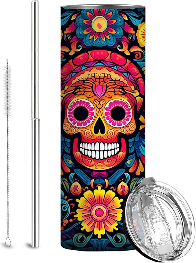 Firmiso 20 oz Tumbler｜Skinny Insulated Travel Mug｜Sugar Skull Floral Stainless Steel Cup with Leak Proof Lid and Telescopic Straw｜Colorful Gothic Boho Drinkware｜Gift Idea for Women Men