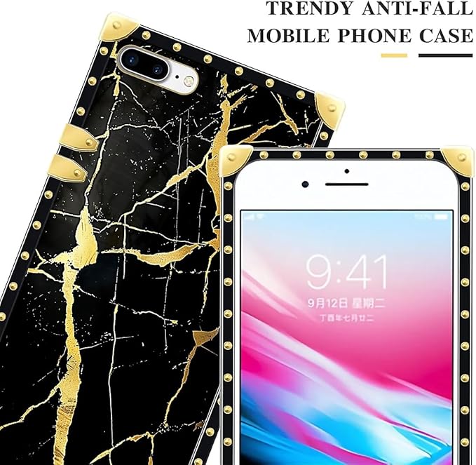 Compatible with iPhone 8 7 SE Case, Black Gold Marble Nature Luxury Golden Decoration for Girl Women Soft TPU Shockproof Protective Hard PC Back for iPhone 8 7 SE
