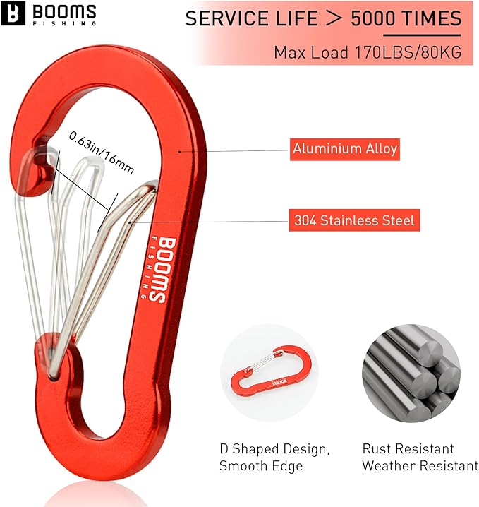 Booms Fishing CC5 Multi-Use Carabiner Clips, 10 Pack 2.3"/ 3.1" Caribeener Clips, Mini Keychain Caribeaner Clip, Aluminum D Ring Carabiners