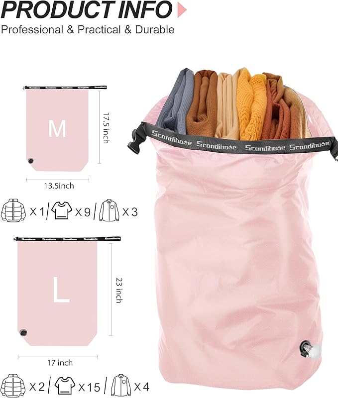 Travel Laundry Bag, Pump-Free Vacuum Compression Dirty Clothes Bag, Medium Reusable Waterproof & Washable Laundry Bag, Wet and Dry Bag, Ideal for Suitcases, Laundromats (1 Pack) Pink
