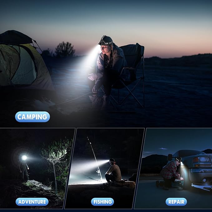 Super Bright Headlamp Rechargeable 99000 Lumens, 7 Modes Head Lamp, Zoomable Head Light for Forehead, 90° Adjustable Headlamps for Adults, Long Runtime & Waterproof Fishing, Camping