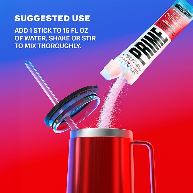 Prime Rapid Rehydration Electrolyte Powder Sticks, Ocean Cherry, Sugar Free Hydration Drink Mix with Sodium, Potassium, Magnesium & B Vitamins to Replenish Fluids, Caffeine Free, 16 Count