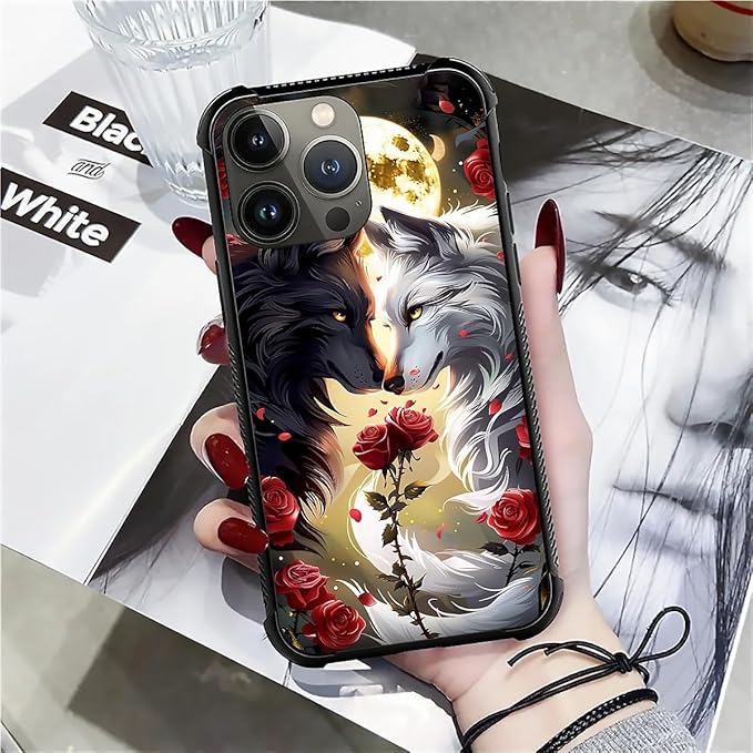 for iPhone 14 Pro Max Case, Black White Wolf Moon Flower Rose Pattern Graphic Design Girl Boy Soft Silicone Hard Acrylic Shock Protection for iPhone 14 Pro Max