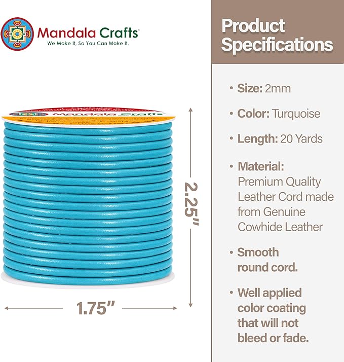 Mandala Crafts Round Genuine Turquoise Leather Cord for Jewelry Making – 2mm Cowhide Leather Rope String Lace for Kumihimo – 20 Yards Cowhide Craft Cording Spool