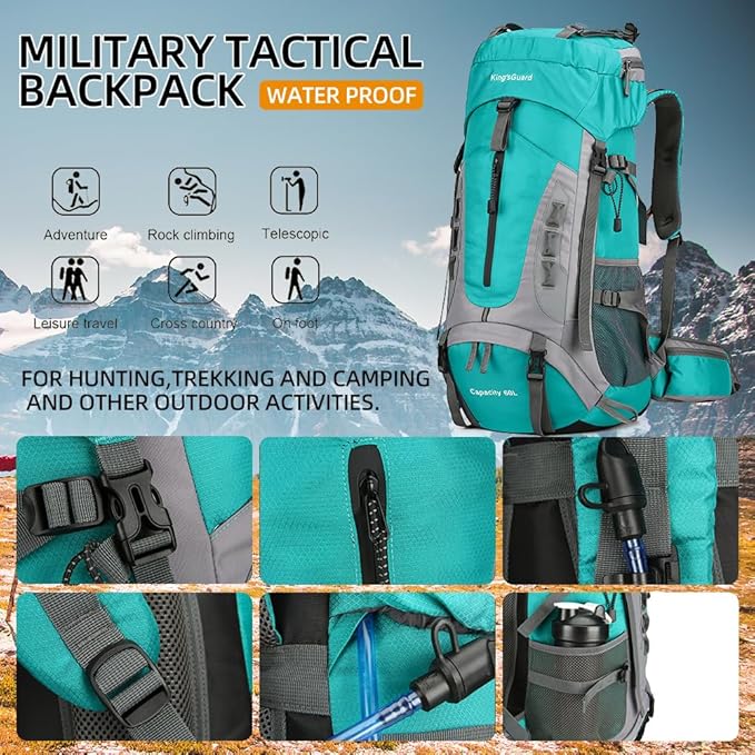 King'sGuard 60L Hiking Backpack for Men and Women Lightweight Camping Hiking Backpack with Rain Cover Large Waterproof Travel Backpack Backpacking Pack (Lake Blue)