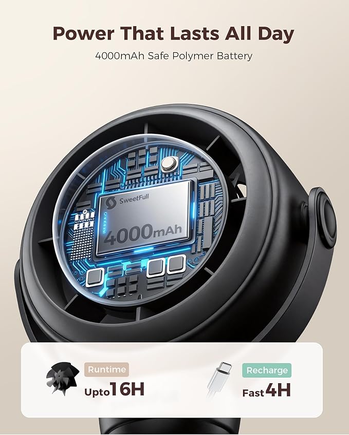 SWEETFULL Baby Stroller Fan - 4000mAh Rechargeable 4-Speed Quiet with LED Display & Night Light, Mini Portable 360° Clip On Safe Fan for Car Seat, Crib, Travel - Black
