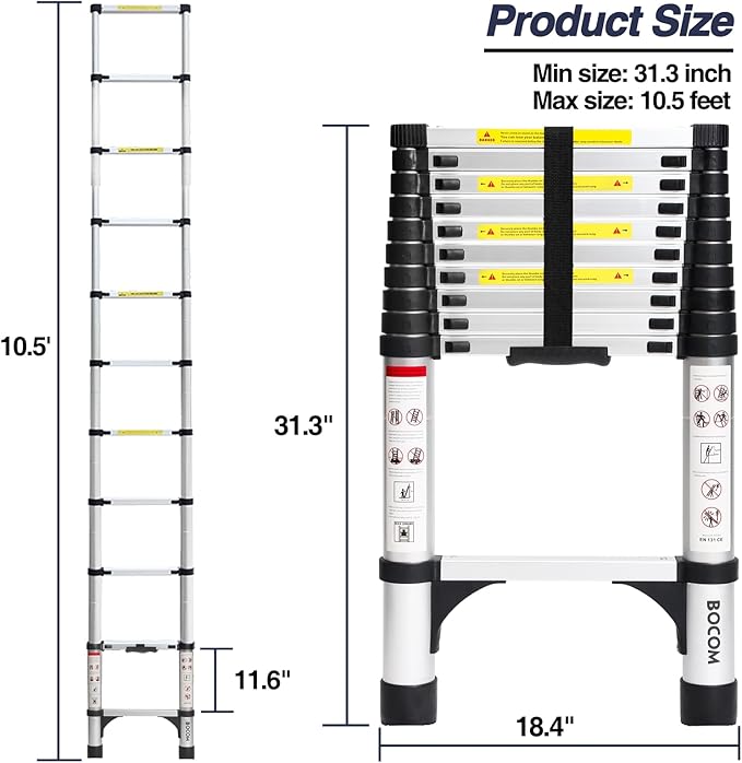 BOCOM 10.5 FT Aluminum Telescoping Ladder, Lightweight Multi-Purpose Collapsible Extension with 2 Triangle Stabilizers, Heavy Duty 330 lbs Max Capacity, Ideal for Home, RV, and Outdoor Work Silver