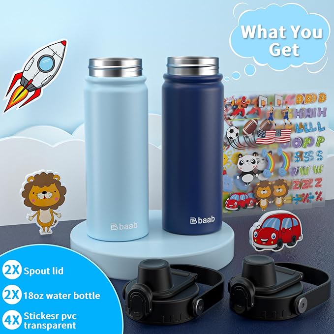 baab 18oz Kids Water Bottle, Insulated Kids Water Bottle with Lockable Spout Lid & Stickers, 18/8 Stainless Steel Vacuum Leakproof Kid Water Cup for Boy Girl School (Navy Blue+Light Blue, 2 Pack)