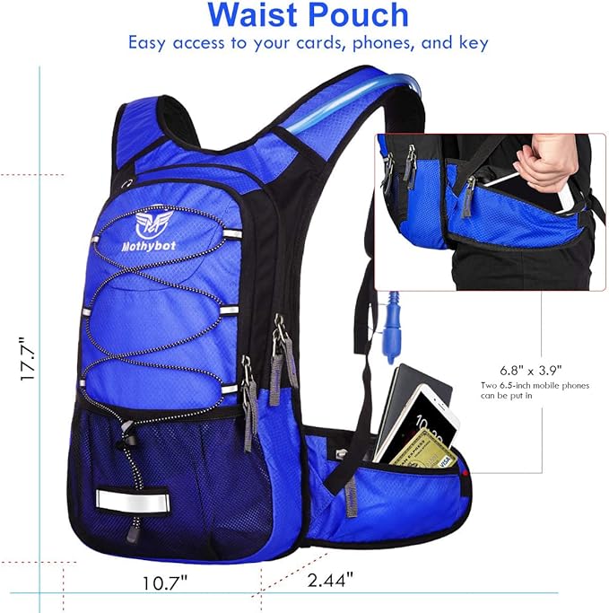 Mothybot Insulated Hydration Backpack Pack with 3L BPA Free Leak Proof Water Bladder, Large Storage Lightweight Hiking Daypack with Waist Pouches & Cooler Layer, for Running, Biking, Camping, Festival
