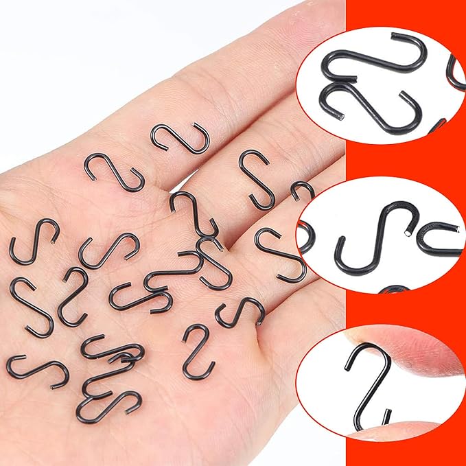 50pcs 1 Inch Black Iron Mini S Hooks Multipurpose Hangers for Jewelry Kitchenware and Plants