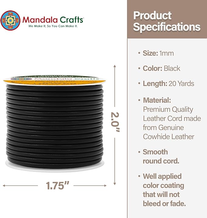 Mandala Crafts Round Cowhide Genuine Black Leather Cord for Jewelry Making Kumihimo Leather Rope Spool - Black Leather String Lace - 20 Yds 1mm Leather Cording