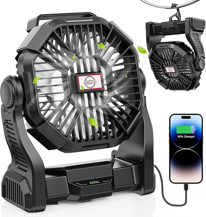 DOWILLDO 30000mAh Portable Battery Powered Camping Fan - with LED Light, Quiet Battery Operated, Camping Gear for Travel, Tent, Beach, Car or Hurricane Power Outages, Black
