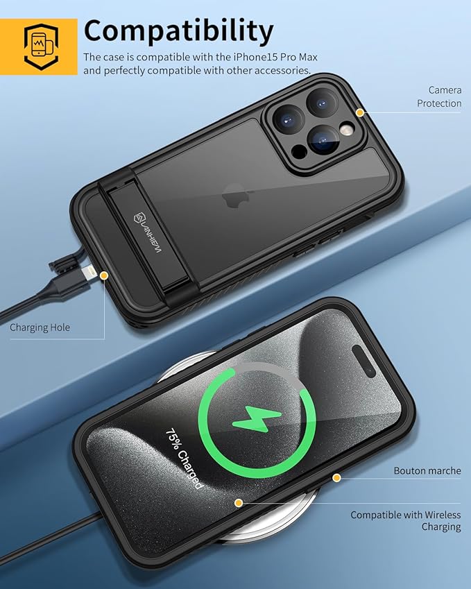 Lanhiem for iPhone 15 Pro Max Case with Kickstand, IP68 Waterproof Dustproof Built-in Screen Protector, Full Body Shockproof Protective Front and Back Cover for iPhone 15 Pro Max, 6.7 Inch (Black)
