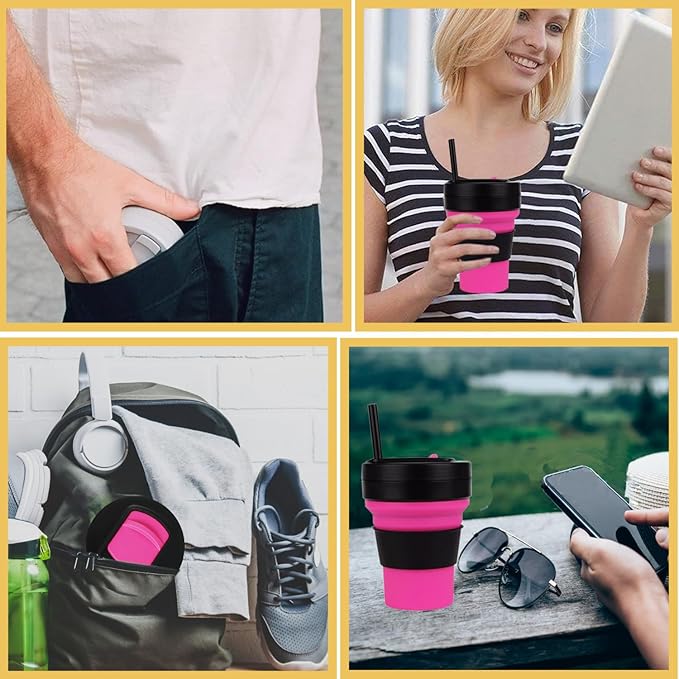 12 Oz Silicone Collapsible Travel Cup,Portable Silicone Water Bottle for Hot and Cold Beverages, Reusable Folding Drinking Cup with Lids 350ml for Camp Hiking Travel with Straw -Black Rose