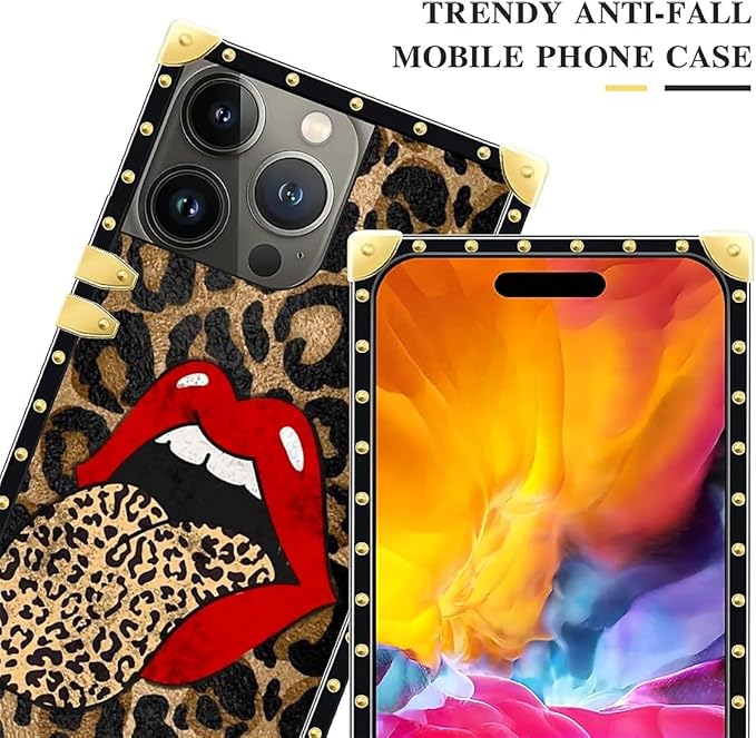 Compatible with iPhone 15 Pro Case, Brown Leopard Print Mouth Luxury Golden Decoration for Girl Women Soft TPU Shockproof Protective Hard PC Back for iPhone 15 Pro
