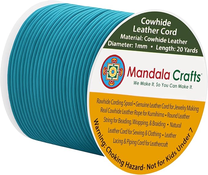 Mandala Crafts Round Genuine Teal Leather Cord for Jewelry Making – 1mm Cowhide Leather Rope String Lace for Kumihimo – 20 Yards Cowhide Craft Cording Spool
