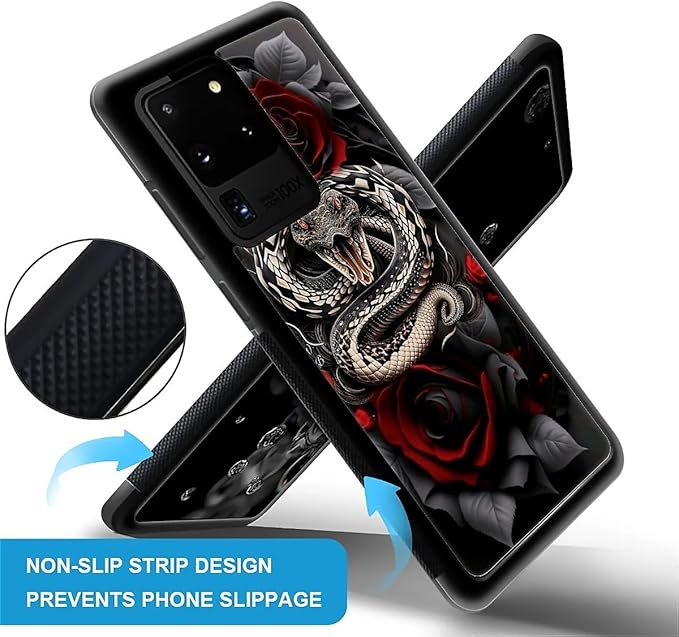 for Samsung Galaxy S20 Ultra Case, Entwined Rose Snake Pattern Graphic Design Girl Boy Soft Silicone Hard Acrylic Shock Protection for Samsung Galaxy S20 Ultra
