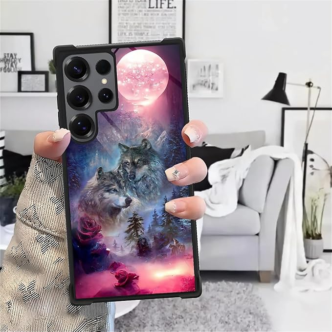 for Samsung Galaxy S25 Ultra Case,Graphic Design for Girl Boy Soft Silicone Hard Acrylic Shock Protection Designed for Samsung Galaxy S25 Ultra Star Two Wolfs Howling Pattern