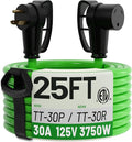 POWGRN 30 Amp RV Extension Cord 25 FT Outdoor with Grip Handle, Flexible Heavy Duty 10/3 Gauge STW 3 Prong RV Power Cord with Cable Organizer, NEMA TT-30P to TT-30R, Green, ETL Listed