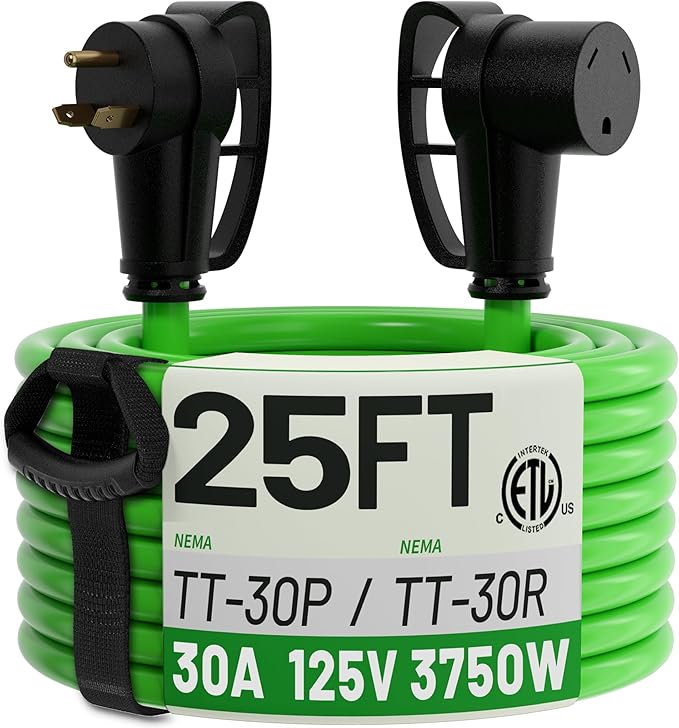 POWGRN 30 Amp RV Extension Cord 25 FT Outdoor with Grip Handle, Flexible Heavy Duty 10/3 Gauge STW 3 Prong RV Power Cord with Cable Organizer, NEMA TT-30P to TT-30R, Green, ETL Listed