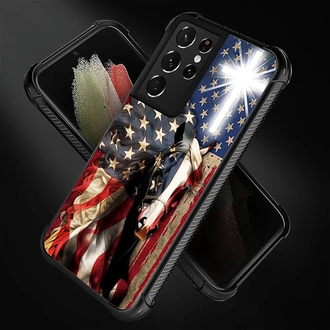 for Samsung Galaxy S21 Ultra Case, Red American Flag Horse Cross Pattern Graphic Design Girl Boy Soft Silicone Hard Acrylic Shock Protection for Samsung Galaxy S21 Ultra