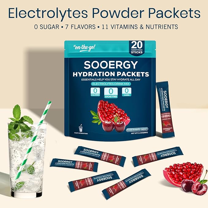 Electrolytes Powder Packets Sugar Free Hydration Packets, Liquid Daily IV Electrolyte Drink Mixex for Rehydration with Electrolytes, Vitamins, 0 Calorie, Cherry Pomegranate 20 Sticks