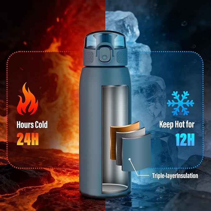 Insulated Water Bottle 18 oz with Dustproof Lid, Carry Handle & Tea Infuser, BPA-Free & Leakproof, Stainless Steel Water Bottles Ideal for Fitness, Hiking, Office & Outdoor Use （Navy Blue ）