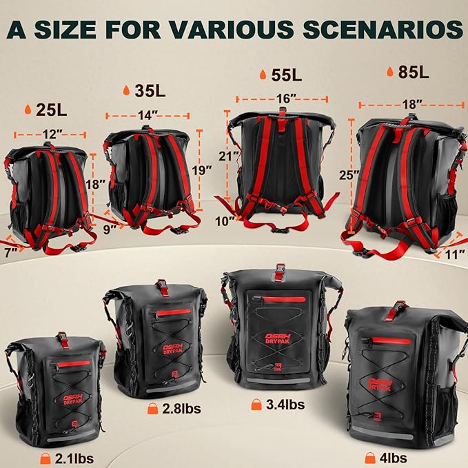 OSAH DRYPAK Waterproof Backpack Dry Bag 25L/35L/55L/85L – Heavy Duty Roll-Top Hiking Backpack Sack Keeps Gear Dry for Travel, Kayaking, Boating, Camping, Rafting and Fishing
