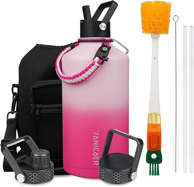 Insulated Water Bottle 128oz,Triple Wall Vacuum Stainless Steel(Dishwasher Safe),Leak Proof & Non-BPA,Flask Jug with Paracord Handle & Straw Spout Lids Sports Cherry Blossom