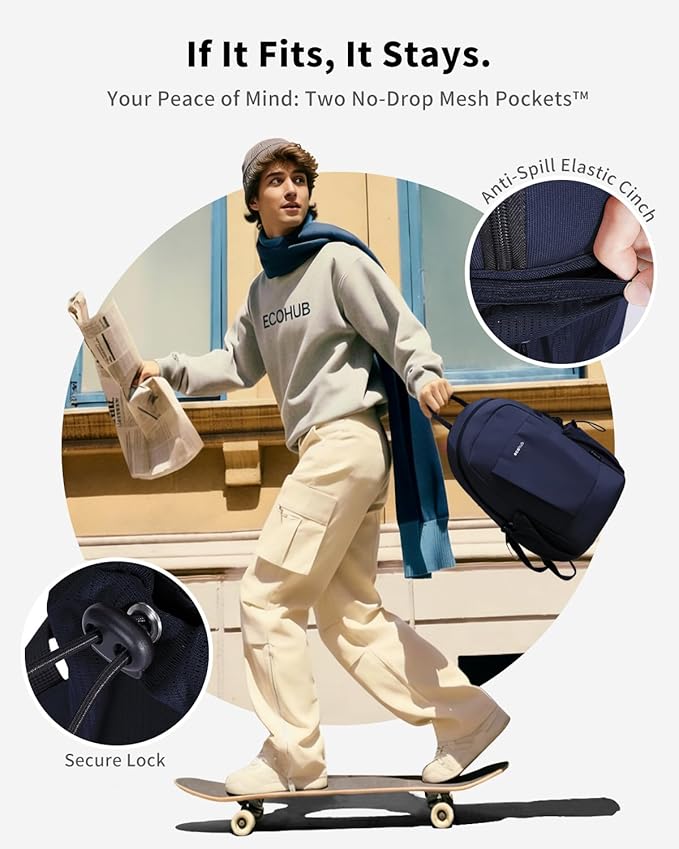 ECOHUB Mini Anti-Theft RFID Backpack for Women and Men, Water-Resistant, Lightweight Travel Daypack with iPad Sleeve, Key Holder, 9 Pockets, Stylish Comfortable, Blue