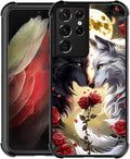 for Samsung Galaxy S21 Ultra Case, Black White Wolf Moon Flower Rose Pattern Graphic Design Girl Boy Soft Silicone Hard Acrylic Shock Protection for Samsung Galaxy S21 Ultra