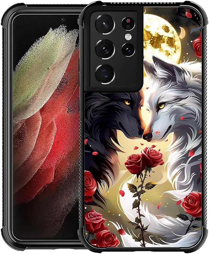 for Samsung Galaxy S21 Ultra Case, Black White Wolf Moon Flower Rose Pattern Graphic Design Girl Boy Soft Silicone Hard Acrylic Shock Protection for Samsung Galaxy S21 Ultra