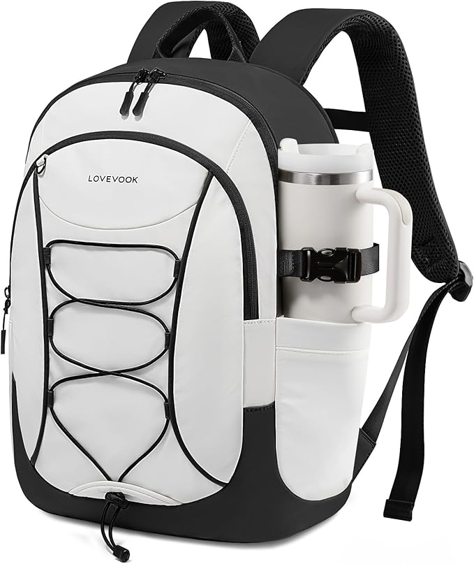 LOVEVOOK Mens Backpack with Giant Tumbler Holder Pocket,15.6 Inch Everyday Laptop Backpack Commuter Travel Work Computer Bag for Women,Casual Hiking College Teacher Back Pack Daypack,White-Black