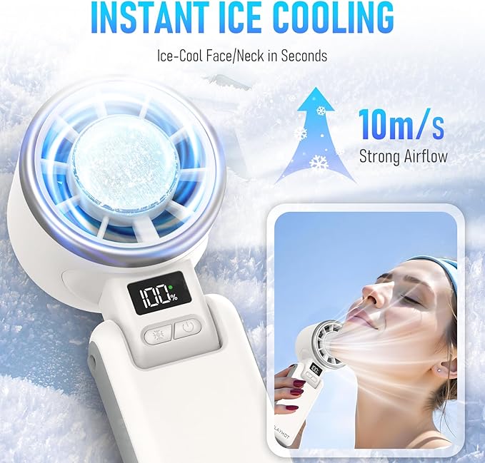 PlayHot Upgraded Portable Handheld Fan with 60°F Ice Cooling, Up tp 12Hrs Personal Fans Portable Rechargeable, 5 Speed 25550RPM Powerful Portables Fan Handheld, Hand/Neck/Desk Fan 3 IN 1(White)