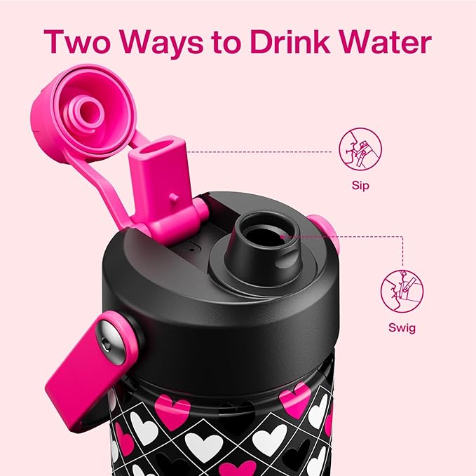 ENCOOL Valentine's Day Insulated Water Bottle with Straw Stainless Steel Water Bottle, Leak-Proof, BPA-Free, Keeps Cold for 24 Hours for Sports, Travel, School (26 oz,Bold Hearts Valentine x Black)