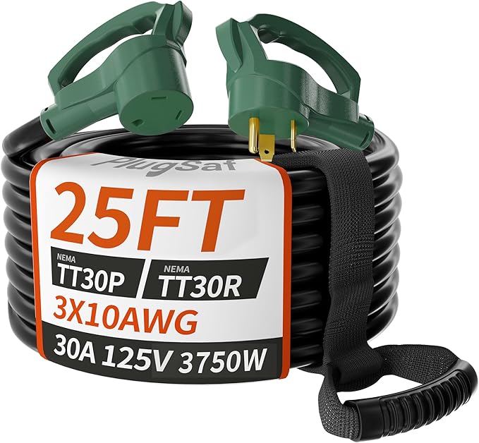 PlugSaf 25 FT 30 Amp RV Extension Cord Outdoor, Flexible Heavy Duty 10/3 Gauge STW RV Power Cord Waterproof with Cable Organizer, NEMA TT-30P to TT-30R, Black-Green, ETL Listed