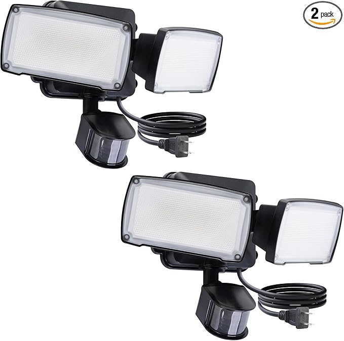 LUTEC 2 Pack 21W Black Plug in Motion Sensor Light Outdoor, Flood Lights Outdoor Motion Sensor,2500LM, 5000K Daylight,IP65 Waterproof,Adjustable 2 Heads Wall Light for Garage, Porch, Yard