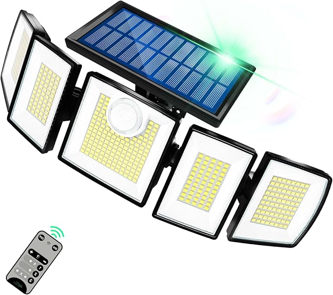MDCMDCM Solar Lights Outdoor with Motion Sensor - 3000LM 416LED 3 Brightness 3 Modes, 2400mAh 5 Heads Security Lights, IP65 Waterproof Flood Lights with Remote for Patio（with Remote, 1）