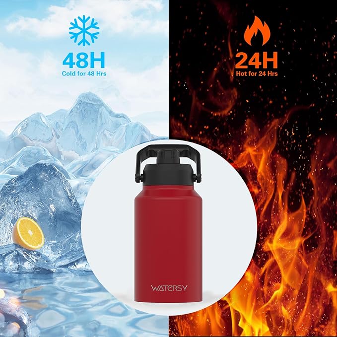 WATERSY 2/3 Gallon Water Bottle Insulated(Cold for 48 Hrs),BPA Free&Leak Proof,87oz Stainless Steel Water Jug/Flask,Big thermo,Large Water Bottle with Handle for Gym,Hiking,Camping,Red
