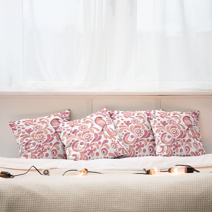 Ambesonne Watercolor Throw Pillow Cushion Case Pack of 4, Bird on Tree Branch Floral Swirls Curves Little Dots Wildlife, Modern Accent Double-Sided Digital Printing, 20", Rose White