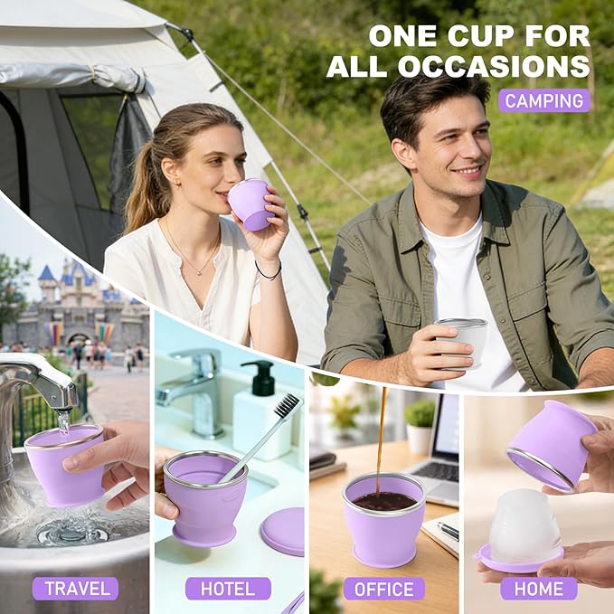 Collapsible Travel Cup, BPA-Free Reusable Water Cup, Lightweight Drinking Cups with Lids and Carrying Strap, Dishwasher Safe Silicone Cups for Camping, Travel, Airports, Hotel (6.7oz, Lilac)