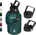 BJPKPK Insulated Water Bottles with Straw Lid, 50oz Large Water Jug, Stainless Steel Vacuum Bottles, Hot & Cold Thermo with 3 Lids and Paracord Handle,Army Green