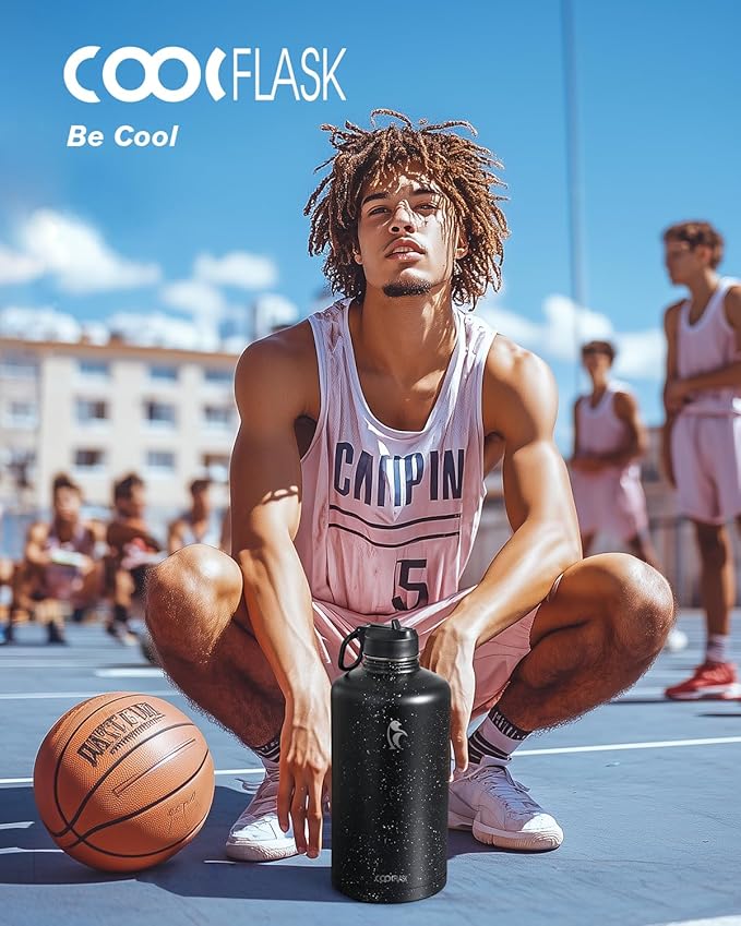 Coolflask 128 oz Gallon Water Bottle Insulated with Straw&3 Lids, Water Jug Large Stainless Steel Metal Vacuum Wide Mouth for Sports, Gym or Office, Non-BPA Keep Cold 48H Hot 24H, Starry Night